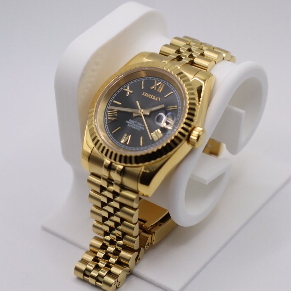 Custom Seiko Mod Automatic | All Gold | Black Dial | Exhibition Caseback | NH35